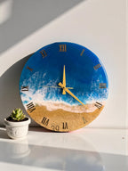 Handmade Ocean Resin Wall Clock, Coastal Decor with Gold Numerals