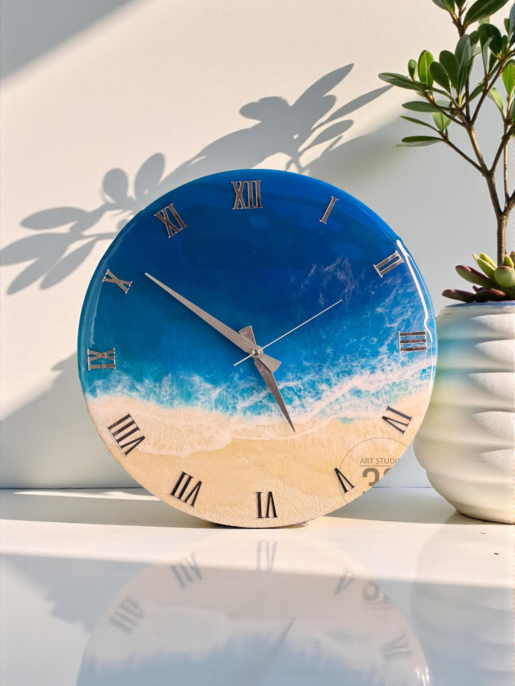 Handmade Ocean Resin Wall Clock, Coastal Home Decor, Silver Roman Numerals