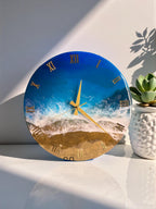 Ocean Resin Wall Clock, Gold Roman Numerals, Coastal Decor, Silent Movement