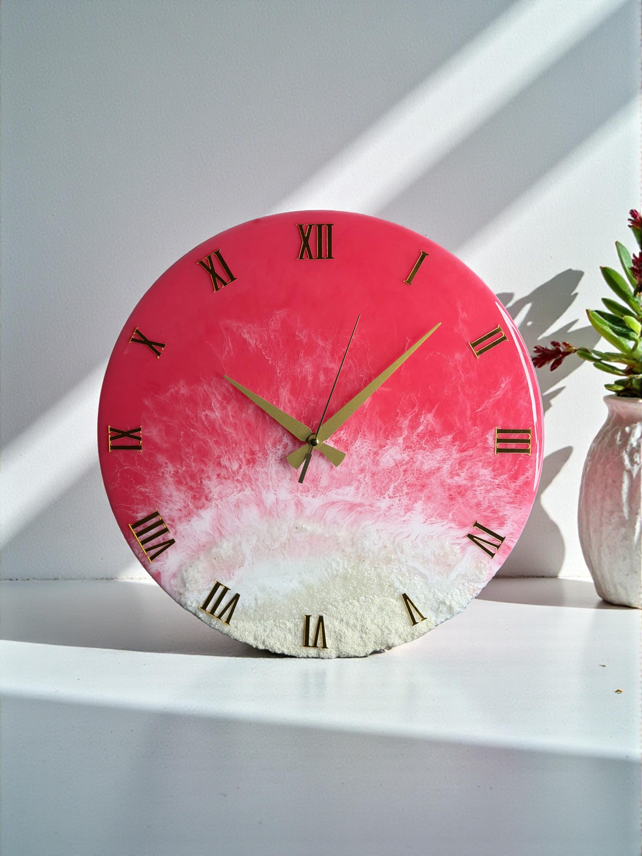 Pink Ocean Resin Wall Clock – Handmade Coastal Decor with Gold Numerals