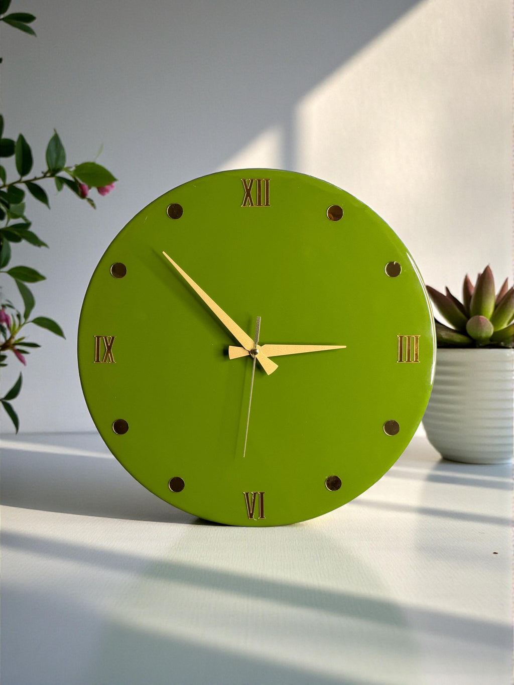 Handmade Army Green Resin Wall Clock, Gold Accents, Silent Movement