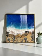 Handmade Golden Coast Resin Painting – Framed Coastal Ocean Wave Art