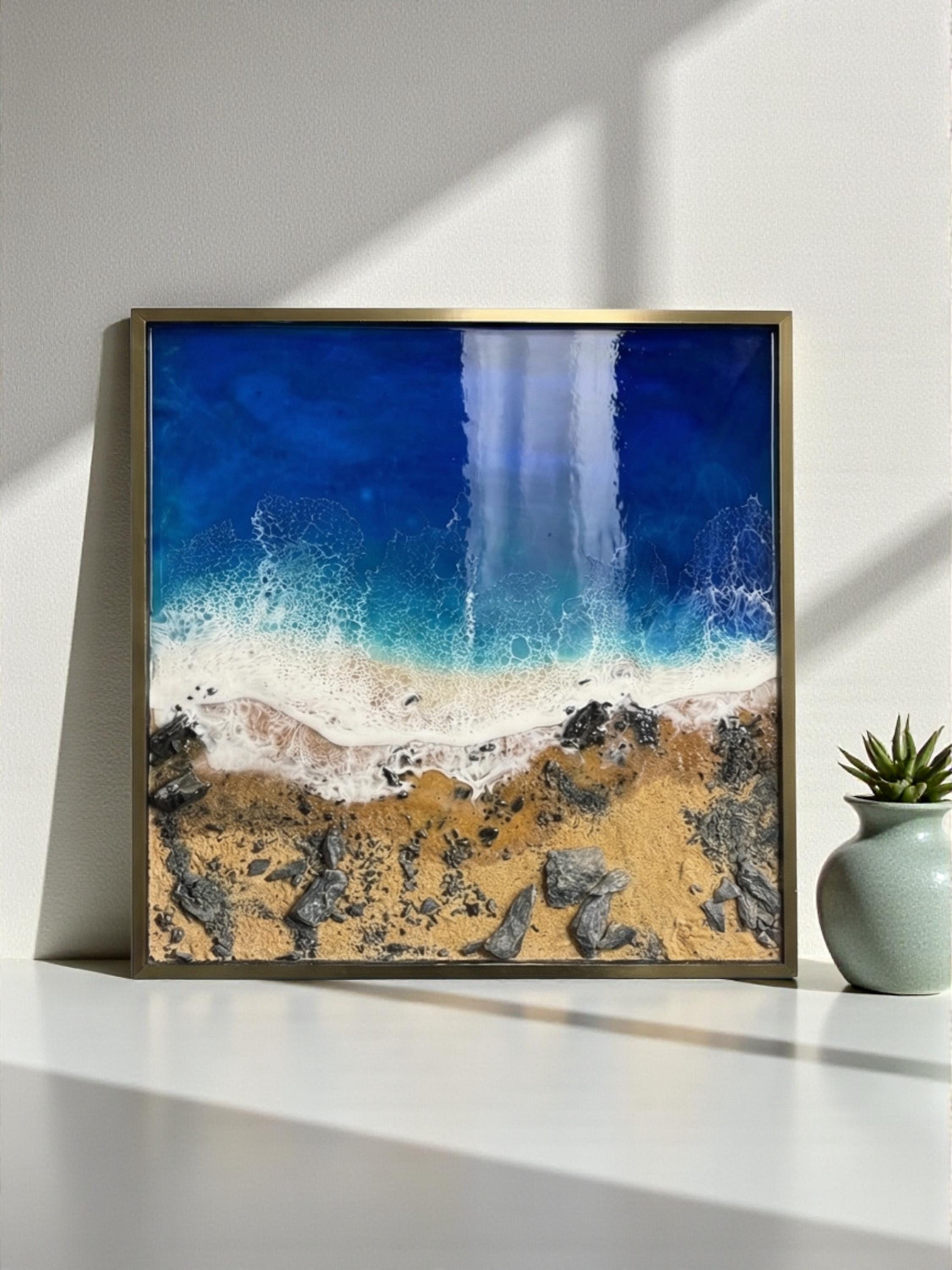 Handmade Golden Coast Resin Painting – Framed Coastal Ocean Wave Art