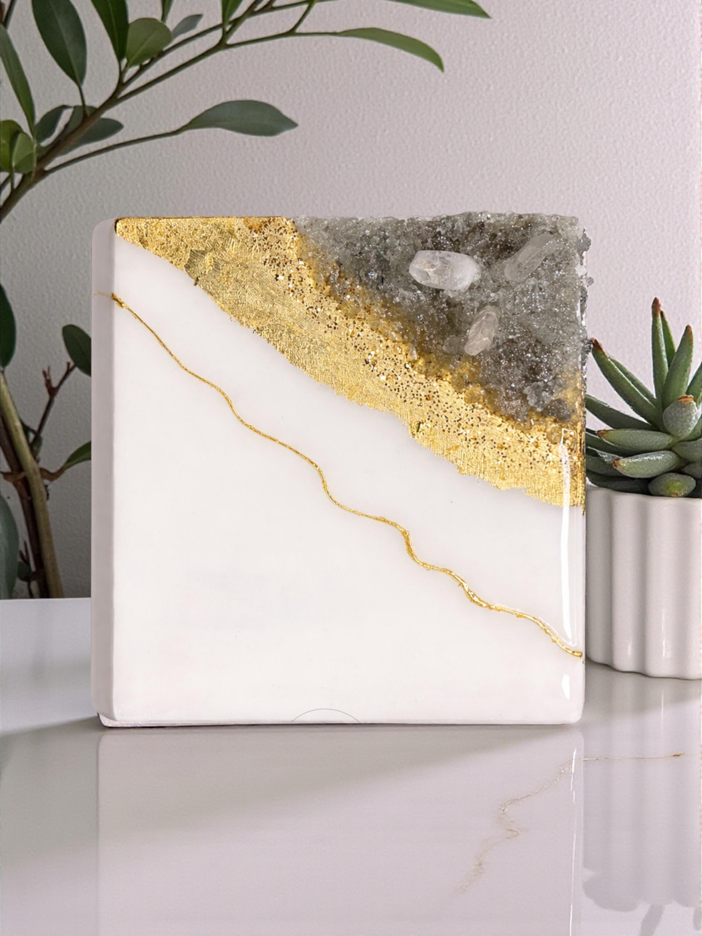 Handcrafted White Resin Wall Art, Clear Quartz, Gold Leaf Geode