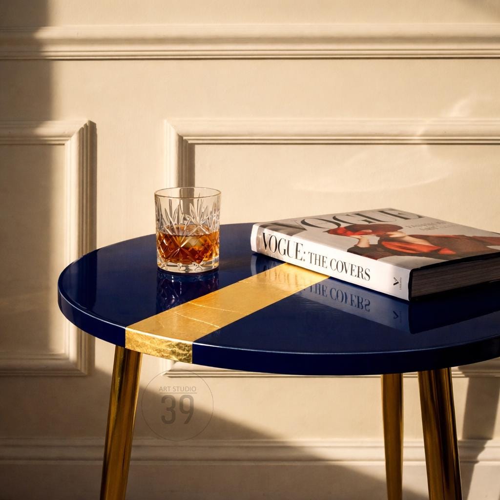 A navy blue round side table with gold accents and legs. A gold stripe crosses the table's surface. A glass of amber liquid and a book titled "Vogue: The Covers" rest on the table.
