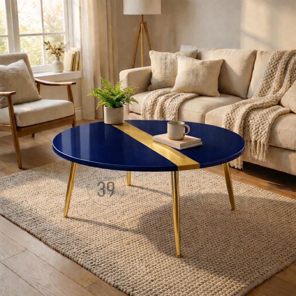 A navy blue oval coffee table with a gold stripe down the center. The table has gold legs and is set on a beige rug. A sofa, chair, and lamp are in the background. A mug and book are on the table.