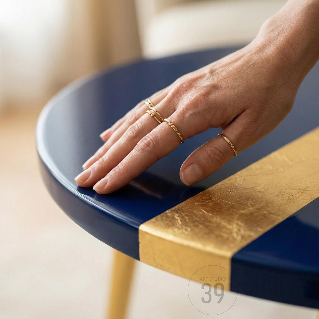 A close-up of a round, navy blue table with a gold leaf stripe. The table has gold-colored legs. Several gold rings adorn a hand resting on the table. The text "ART STUDIO 39" is visible.