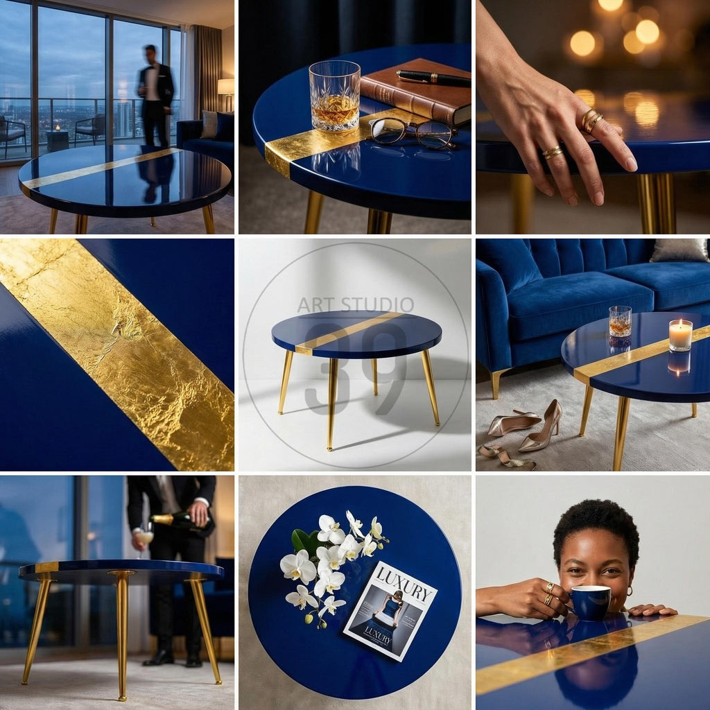 A round, navy blue coffee table with gold leaf accents. The table has a gold stripe across the top and gold legs. The table is approximately 36 inches in diameter.
