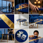 A round, navy blue coffee table with gold leaf accents. The table has a gold stripe across the top and gold legs. The table is approximately 36 inches in diameter.