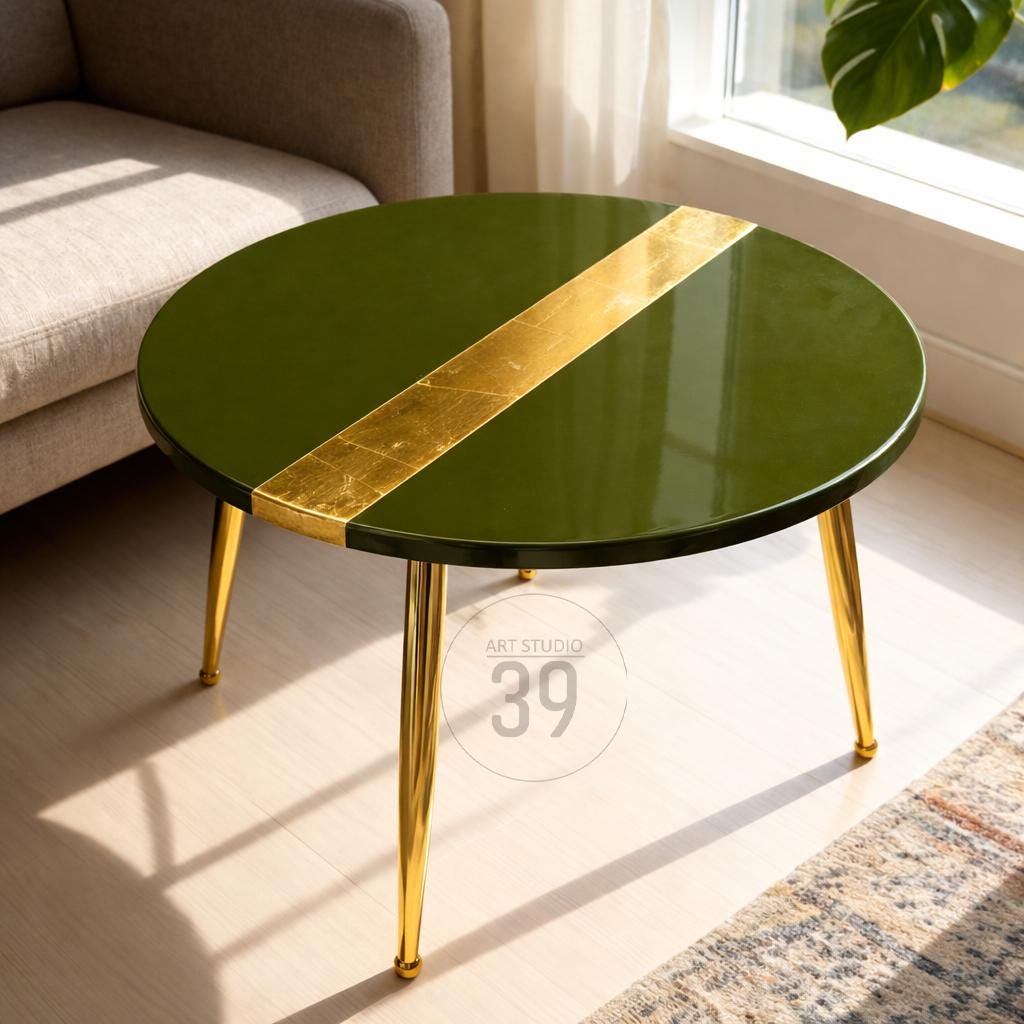 A round coffee table with a glossy olive green surface and a diagonal gold leaf accent. The table has gold-colored metal legs. The table is in a living room setting.