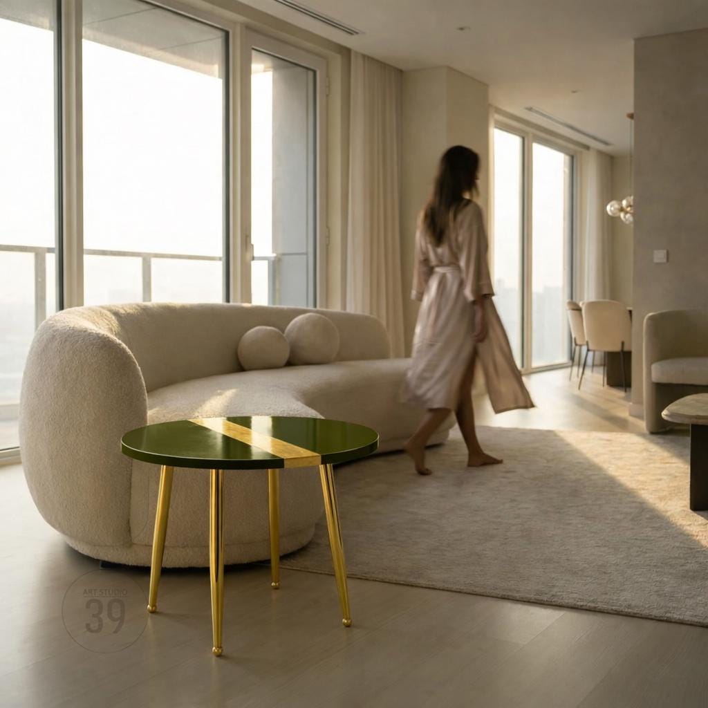 A round, green and gold accent table with gold legs. The table is in front of a cream-colored curved sofa. A person is walking in the background. The room has large windows and a neutral color palette.