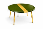 Round coffee table with a glossy olive green surface and a gold stripe. The table has four gold-colored, tapered legs. The text "39" is in a circle on the table.