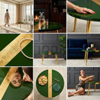 A collection of images showcasing a green and gold accent coffee table. The table has a round top with gold accents and gold legs. The images also show a woman, a pearl necklace, and a tray of macarons.