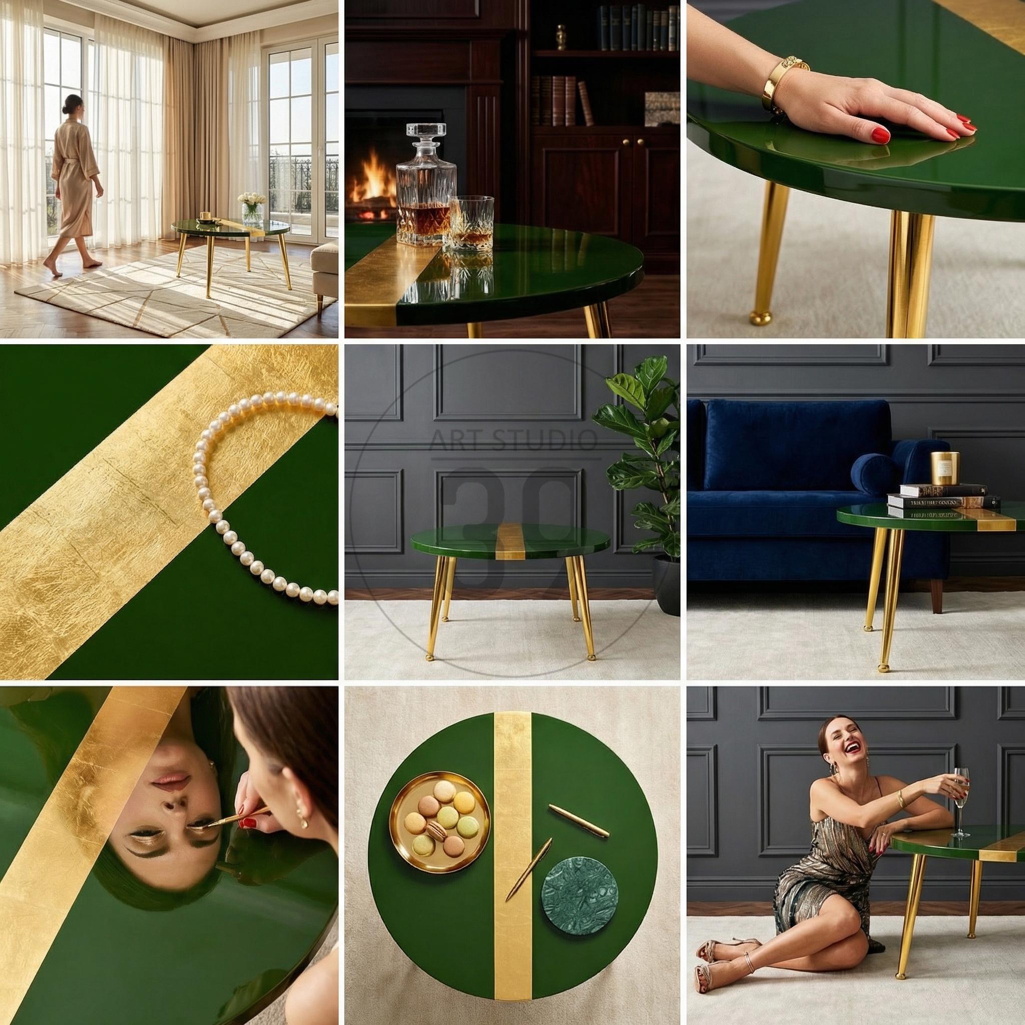 A collection of images showcasing a green and gold accent coffee table. The table has a round top with gold accents and gold legs. The images also show a woman, a pearl necklace, and a tray of macarons.