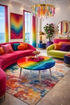A vibrant living room with a rainbow-themed design. Features include a pink sofa, a green sofa, and a round coffee table with a rainbow surface. The room is decorated with colorful curtains, a rug, and a chandelier. The text "ART STUDIO 39" is visible on the coffee table.