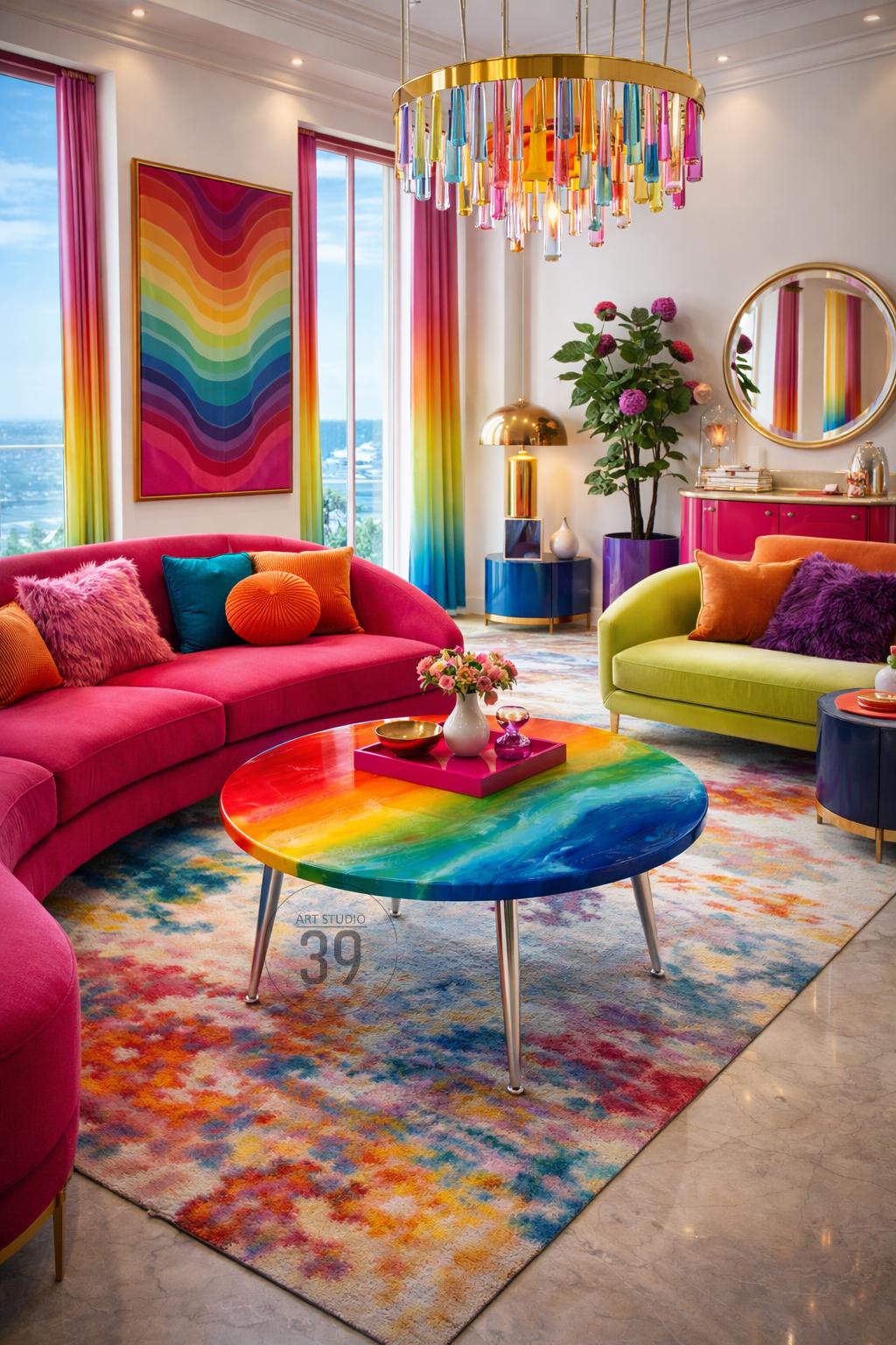 A vibrant living room with a rainbow-themed design. Features include a pink sofa, a green sofa, and a round coffee table with a rainbow surface. The room is decorated with colorful curtains, a rug, and a chandelier. The text "ART STUDIO 39" is visible on the coffee table.