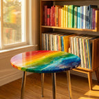 A round side table with a rainbow-colored epoxy resin top. The table has three silver metal legs. A wooden bookshelf filled with books and vinyl records is in the background.