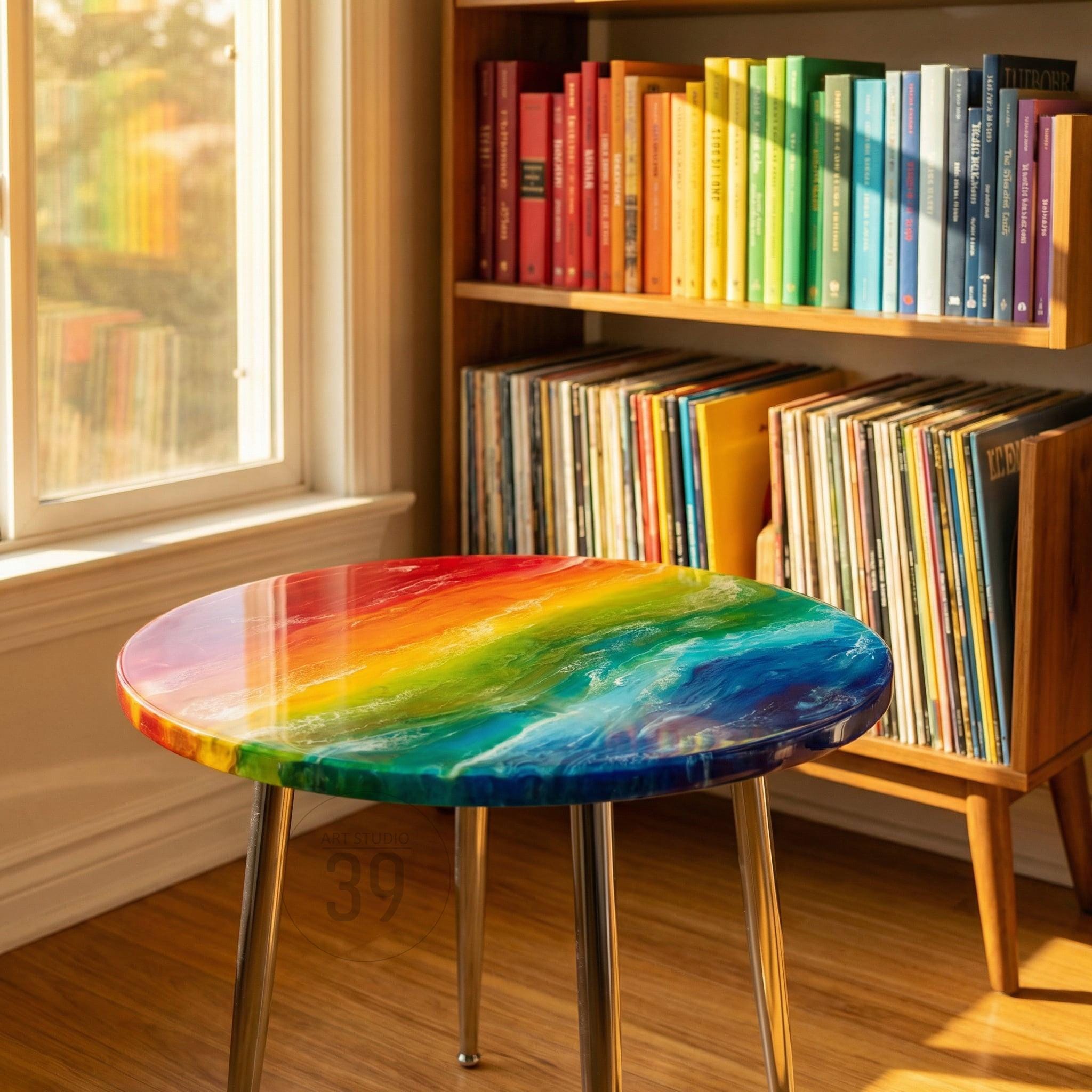 A round side table with a rainbow-colored epoxy resin top. The table has three silver metal legs. A wooden bookshelf filled with books and vinyl records is in the background.