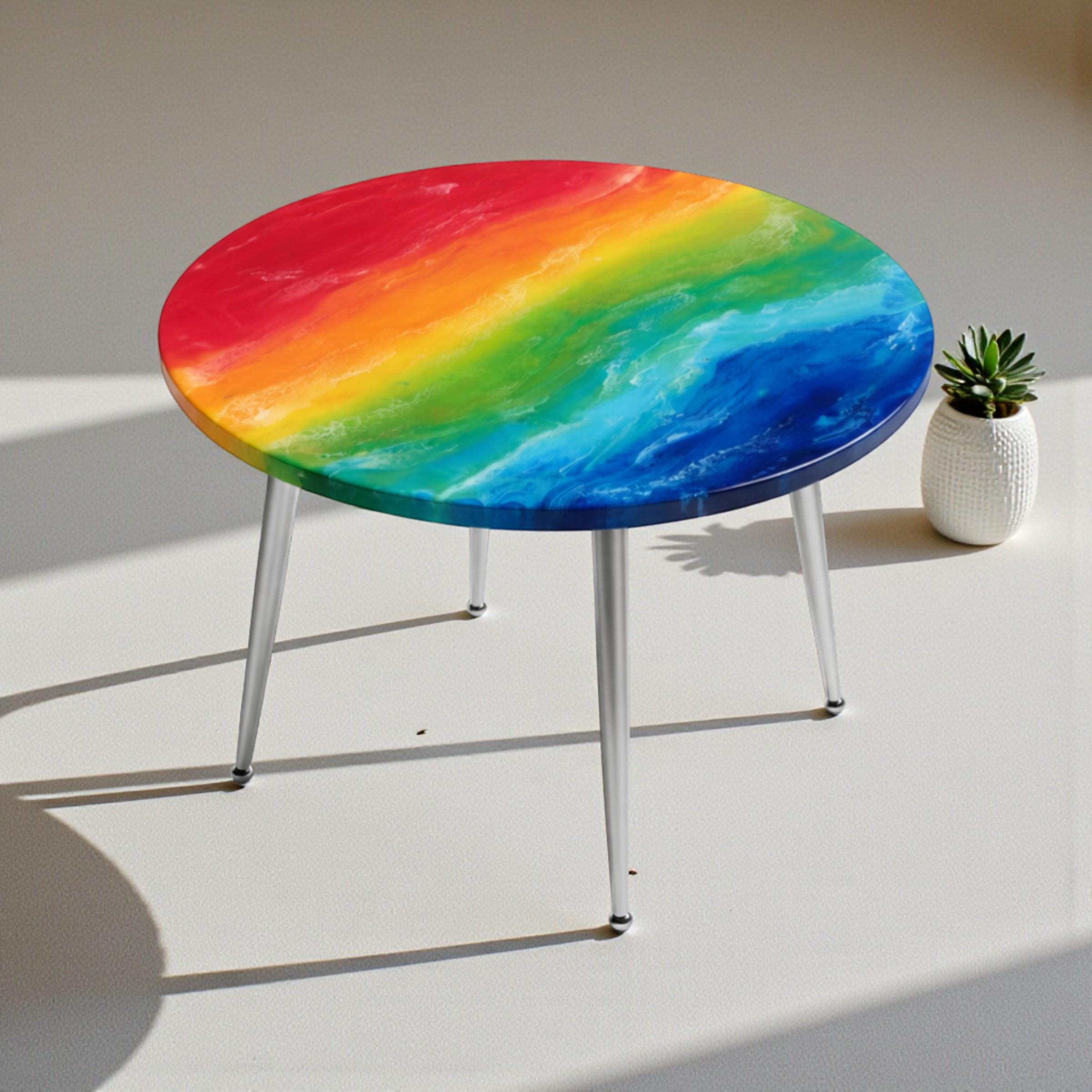 A round side table with a rainbow-colored epoxy resin top. The table has a vibrant design with red, orange, yellow, green, and blue hues. It features silver metal legs and a small succulent in a white pot.