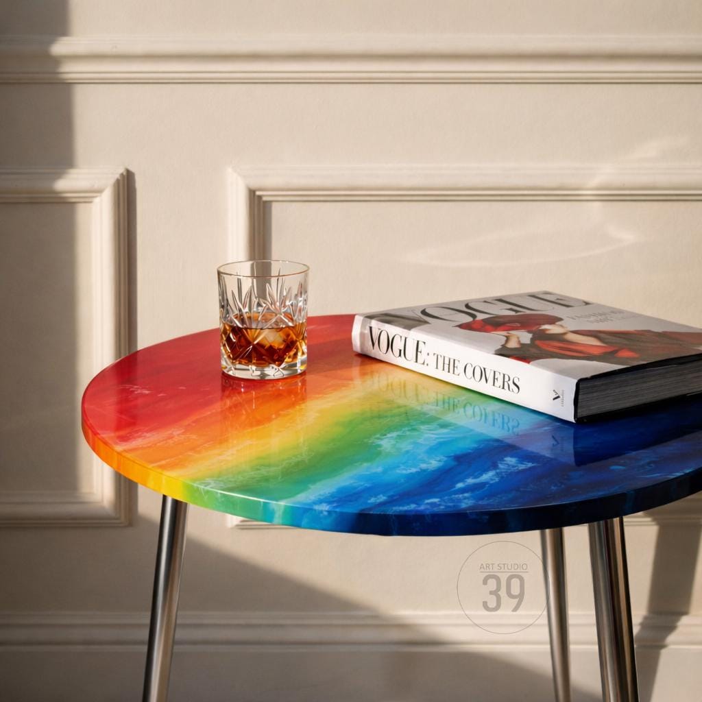 A round side table with a rainbow-colored top, transitioning from red to blue. A glass of amber liquid and a book titled "Vogue: The Covers" rest on the table. The table has chrome legs and a small logo that says "Art Studio 39".