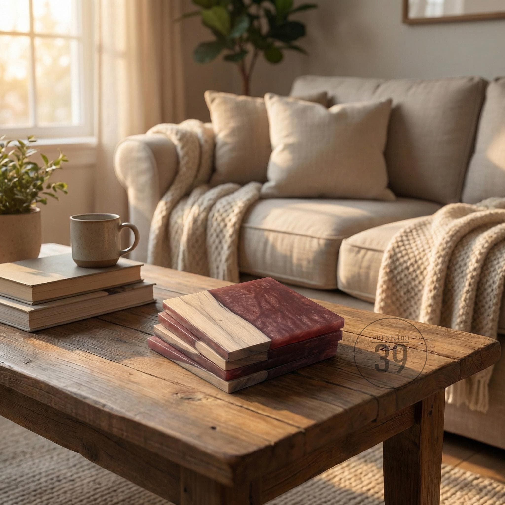 A wooden box with a red resin top sits on a rustic wooden coffee table. The box is rectangular and has a natural wood grain pattern. The coffee table is surrounded by a cozy living room setting with a couch and a window.