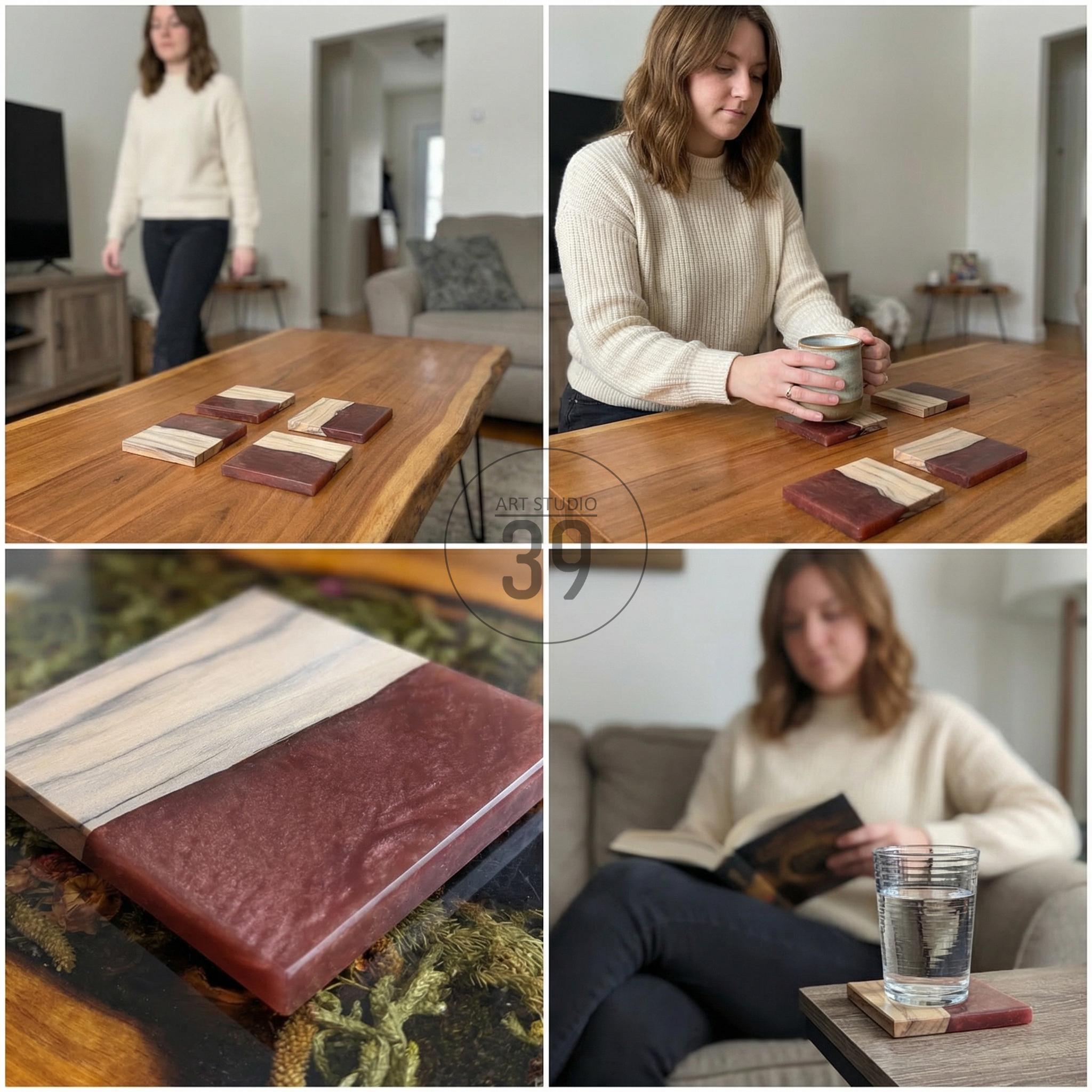 Wooden coasters with a two-tone design. The coasters feature a light wood grain and a deep red resin. The coasters are rectangular and appear to be handmade. The coasters are on a wooden table.