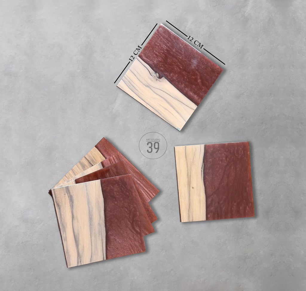 Square wooden coasters, each measuring 12 cm x 12 cm, with a two-tone design. One half is a light wood grain, and the other is a reddish-brown hue. The number 39 is printed on one coaster.