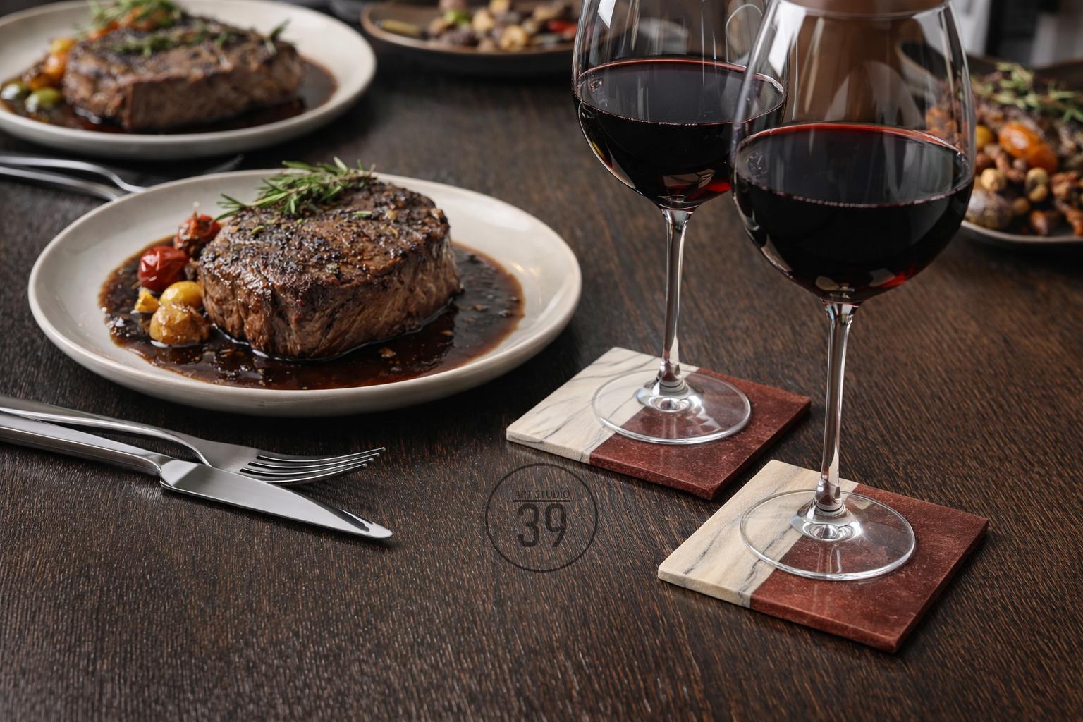A dining scene featuring plates of steak with sauce, wine glasses, and square coasters. The coasters have a two-tone design of red and white. Silverware is placed on the dark wooden table.