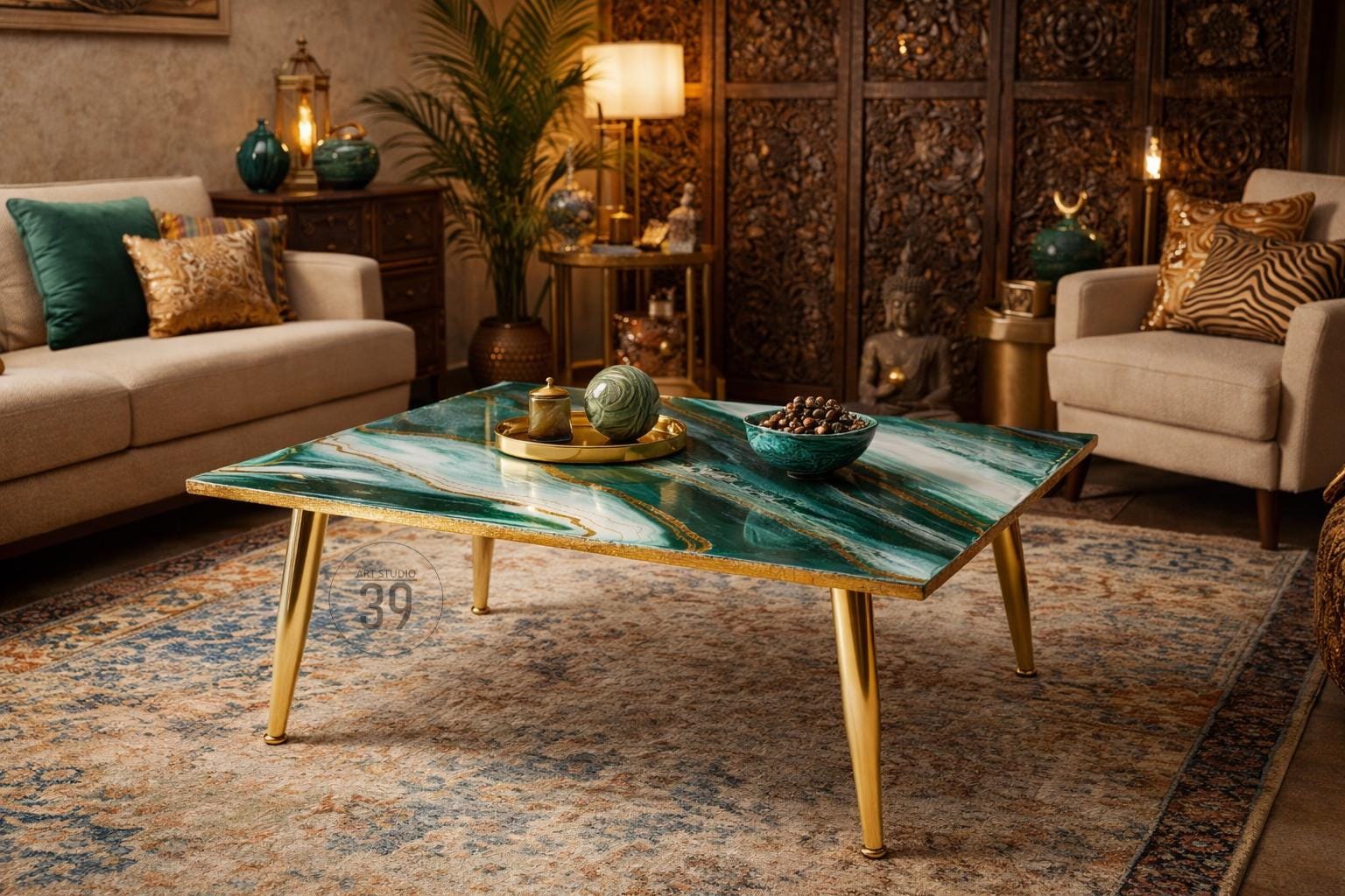 A square coffee table with a green and white marbled top and gold-colored legs. The table is in a living room setting with a sofa, chairs, and decorative items. The table measures approximately 39 inches on each side.