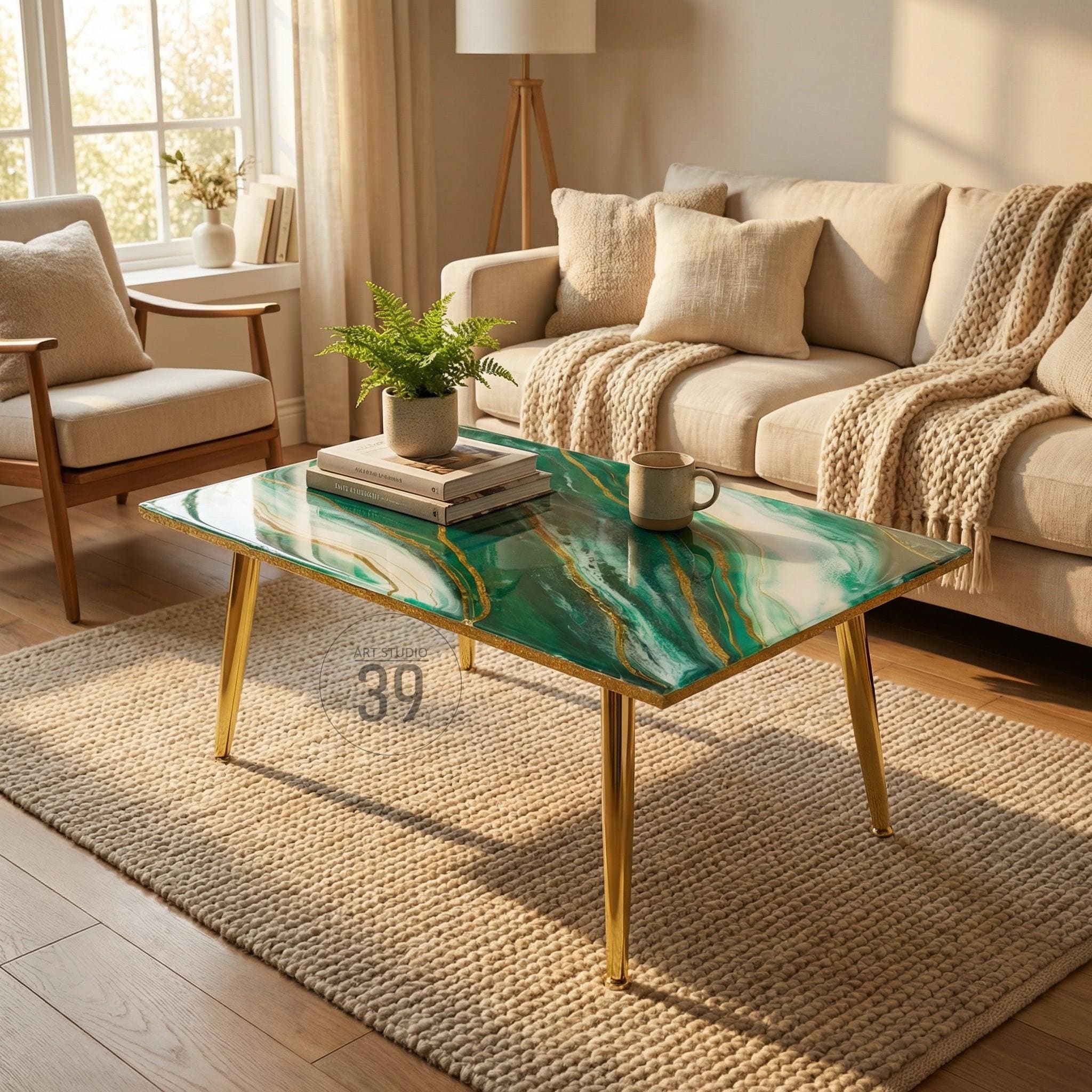 A rectangular coffee table with a green and gold marbled design. The table has gold-colored legs and is set on a beige rug. The table is approximately 39 inches long.