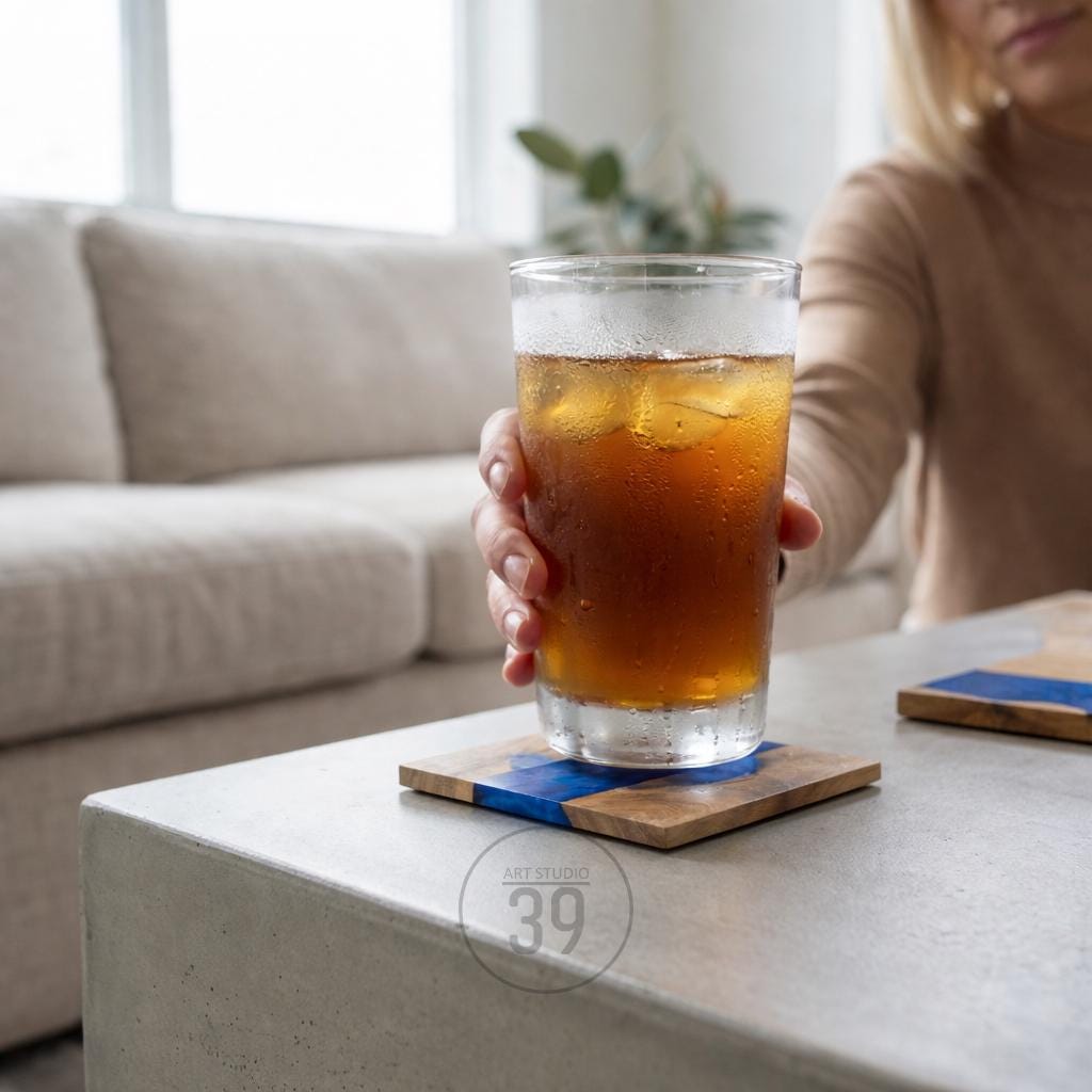 A tall glass of iced tea with ice cubes is held above a wooden coaster with a blue resin inlay. The coaster is square and sits on a concrete table. The coaster has the text "ART STUDIO 39" on it.