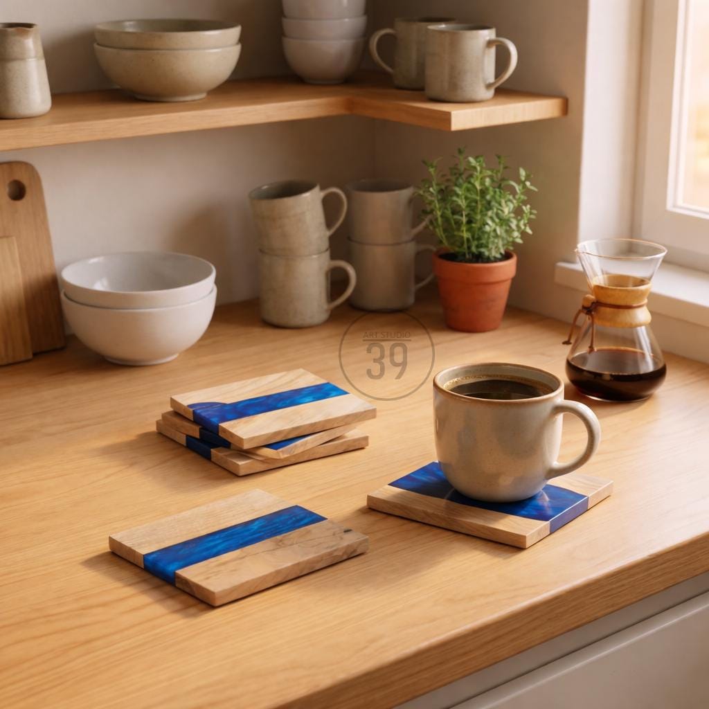 Wooden coasters with a blue resin stripe are displayed on a wooden countertop. A coffee cup sits on one coaster. Other kitchen items include bowls, mugs, and a small potted plant.