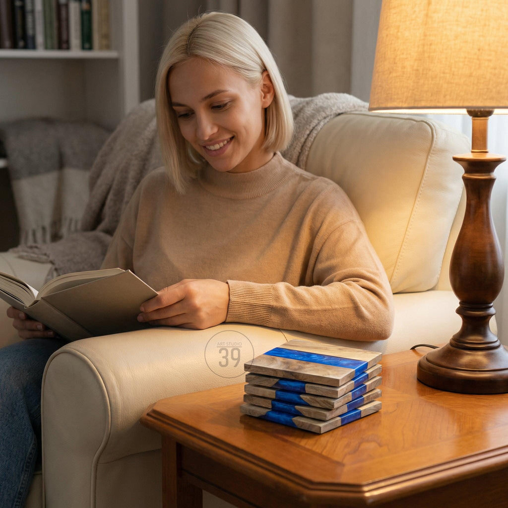 A stack of square wooden coasters with a blue resin inlay sits on a wooden side table. The coasters have a natural wood grain appearance. A woman is seated in a chair, reading a book, with a lamp in the background.