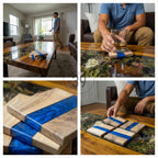 Wooden coasters with a blue resin stripe. The coasters are displayed on a wooden coffee table with a resin top. The coasters are made of light-colored wood and have a glossy finish.