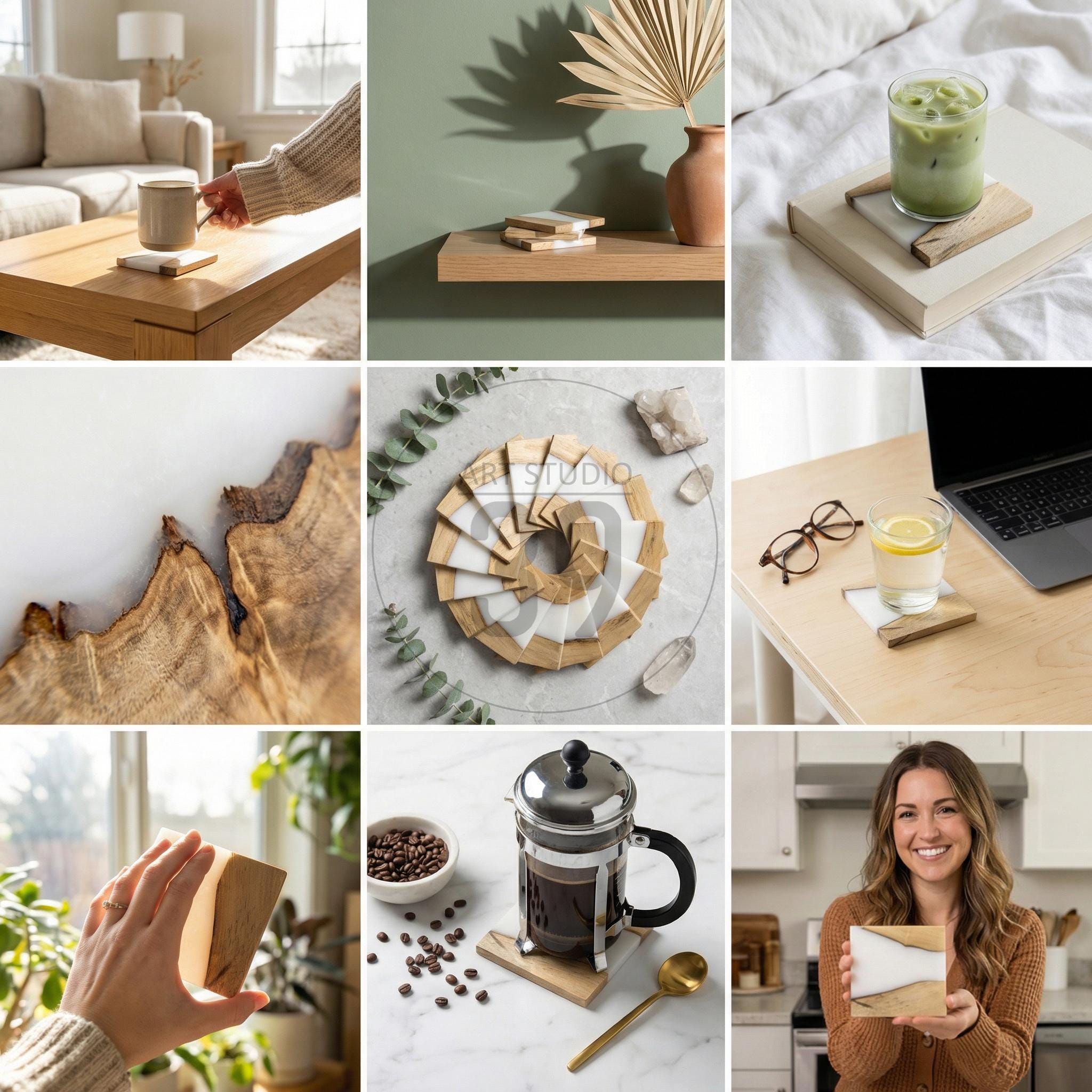 A collection of square and rectangular coasters with a natural wood and white resin design. The coasters are shown in various settings, including on a coffee table, a shelf, and with drinks.