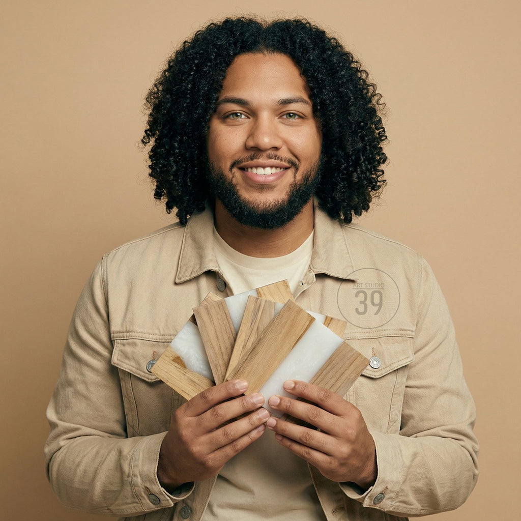 A person holding a fan of wood and white samples. The samples are various shades of brown and white. The person is wearing a tan jacket and a light-colored shirt. The number "39" is printed on the jacket.