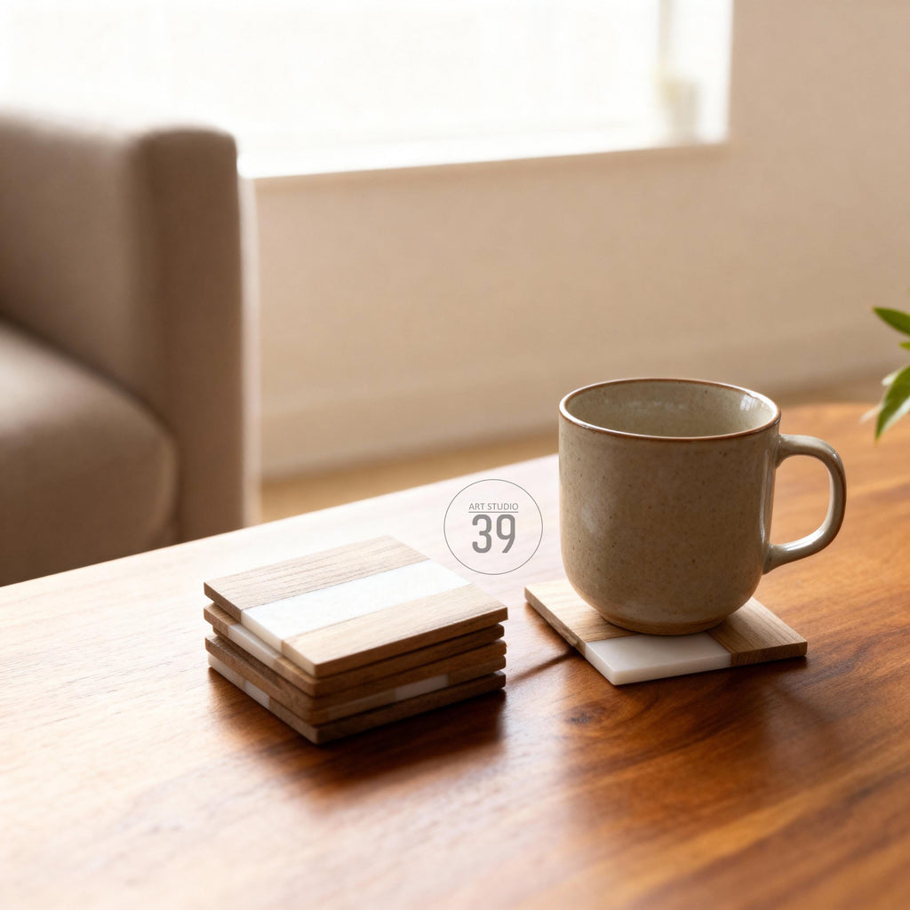 A stack of square wooden coasters with a white stripe and a beige mug on a wooden table. The coasters are made of wood and have a natural finish. The mug is beige and has a simple design. The text "ART STUDIO 39" is in a white circle.