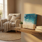 A rectangular resin art piece depicting a beach scene with blue ocean waves and white foam over a sandy shore. The artwork is displayed on a rustic wooden shelf, alongside a small succulent in a pot.