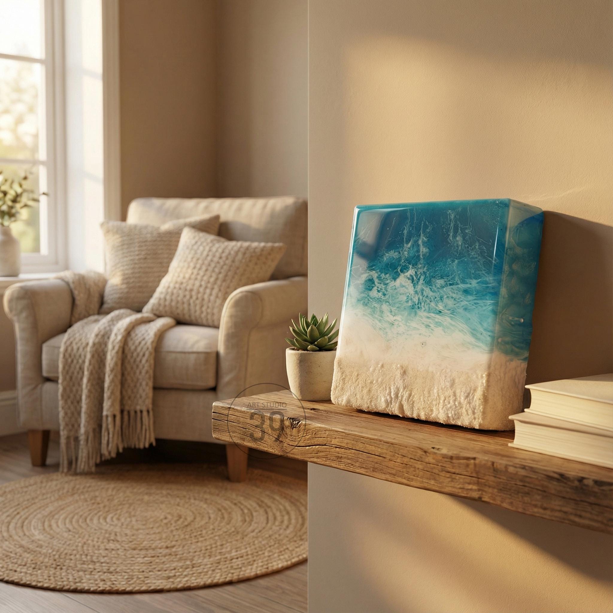 A rectangular resin art piece depicting a beach scene with blue ocean waves and white foam over a sandy shore. The artwork is displayed on a rustic wooden shelf, alongside a small succulent in a pot.
