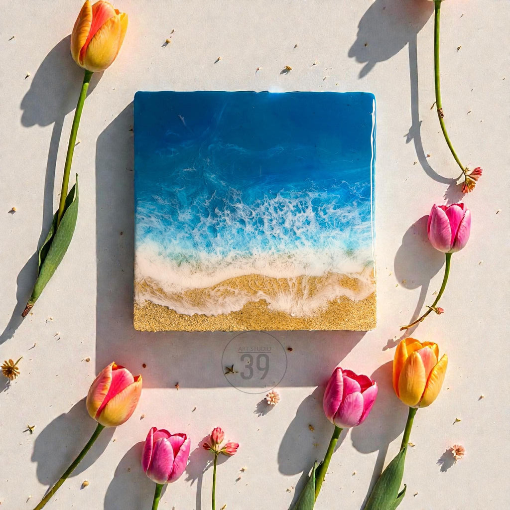 Square resin art piece depicting a beach scene with blue ocean waves and golden sand. The artwork is surrounded by pink and yellow tulips. The piece has the text "ART STUDIO 39" in a circle.