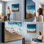 Square framed artwork depicting an ocean scene with a blue sky, white waves, and a golden sand beach. The artwork is displayed on a light blue wall. The frame is black.