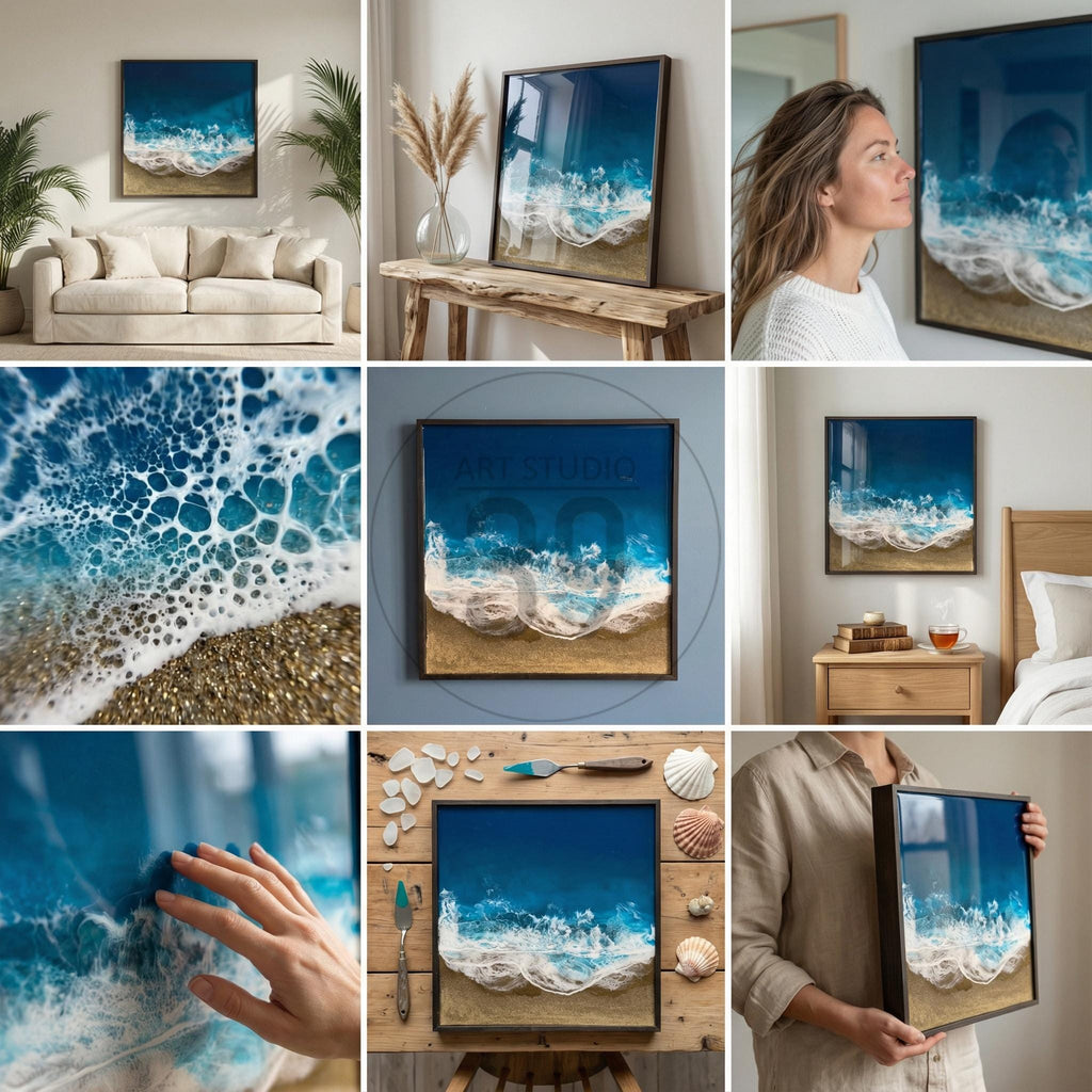 Square framed artwork depicting a coastal scene. The artwork features a deep blue ocean, white foamy waves, and a sandy beach. The artwork is displayed in various settings, including a living room and a bedroom.