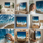 Square framed artwork depicting a coastal scene. The artwork features a deep blue ocean, white foamy waves, and a sandy beach. The artwork is displayed in various settings, including a living room and a bedroom.