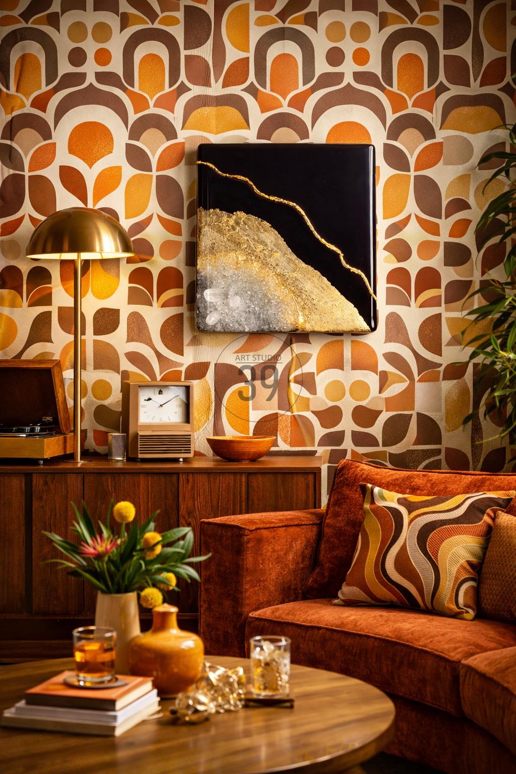 A square black and gold abstract art piece hangs on a wall with a retro pattern. The room features a mid-century modern aesthetic, with a brown wooden cabinet, a gold lamp, and an orange velvet sofa. The text "ART STUDIO 39" is visible.
