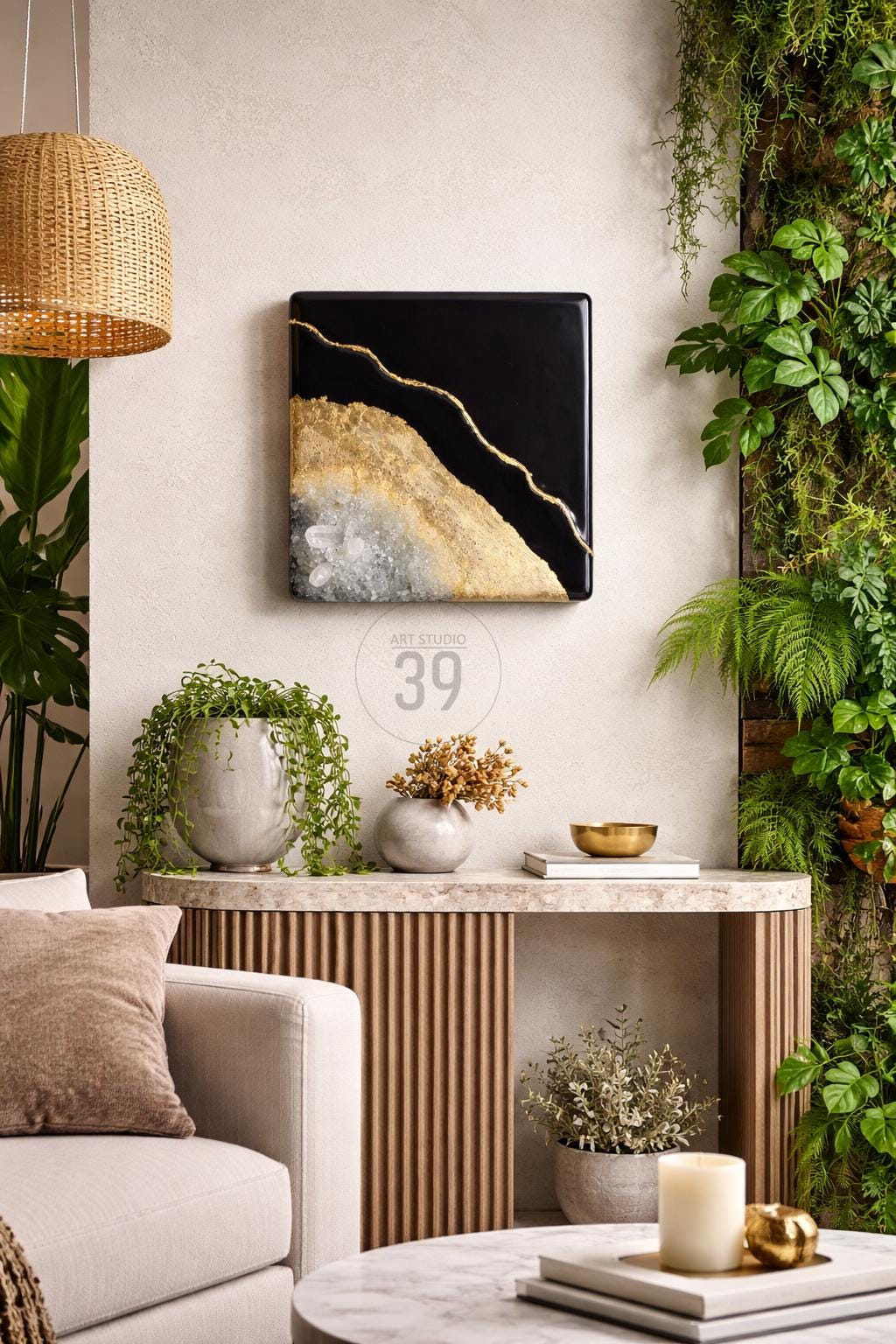 Abstract wall art with a black background and gold and white accents. The artwork is square and mounted on a neutral-colored wall. The image also shows a console table with decorative items and plants.