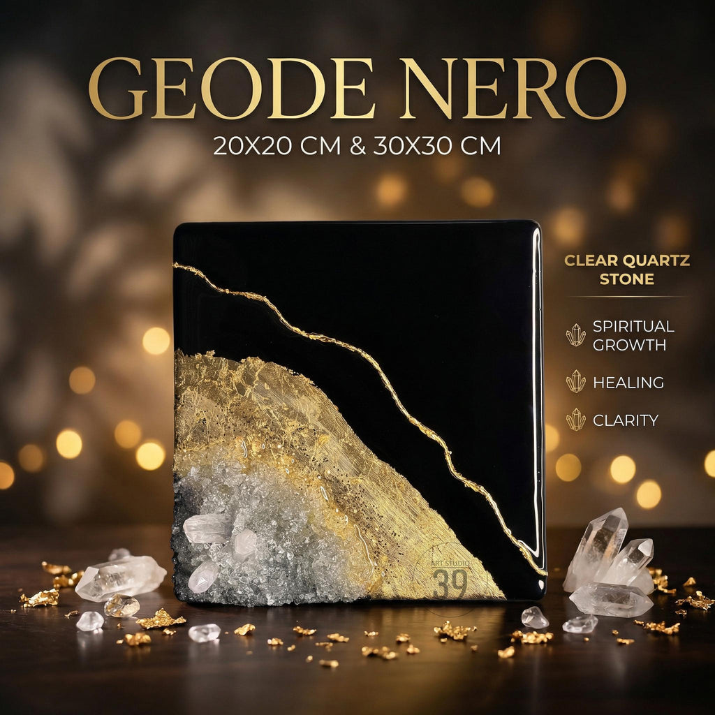 A black and gold Geode Nero clear quartz stone, available in 20x20 cm and 30x30 cm sizes. The stone features a gold vein design and is associated with spiritual growth, healing, and clarity. The image also includes the text "CLEAR QUARTZ STONE".