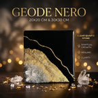 A black and gold Geode Nero clear quartz stone, available in 20x20 cm and 30x30 cm sizes. The stone features a gold vein design and is associated with spiritual growth, healing, and clarity. The image also includes the text "CLEAR QUARTZ STONE".