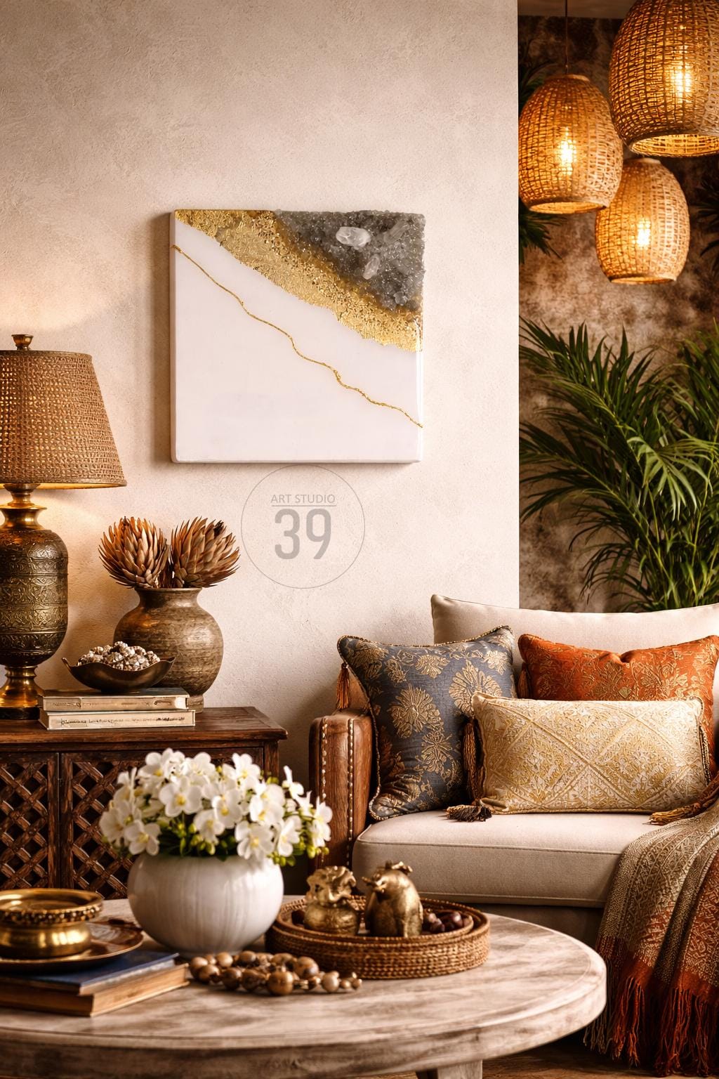 A living room scene with a square white and gold abstract art piece. The room features a wooden table, a sofa with decorative pillows, a lamp, and hanging woven pendant lights. The artwork has the text "ART STUDIO 39".