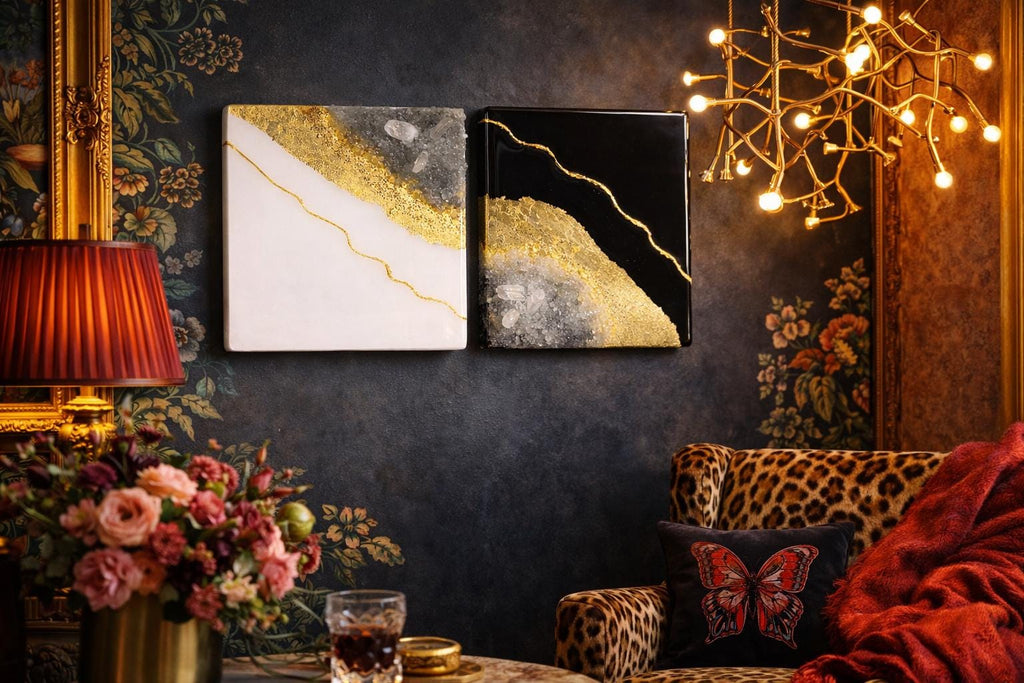 Handcrafted White Resin Wall Art, Clear Quartz, Gold Leaf Geode