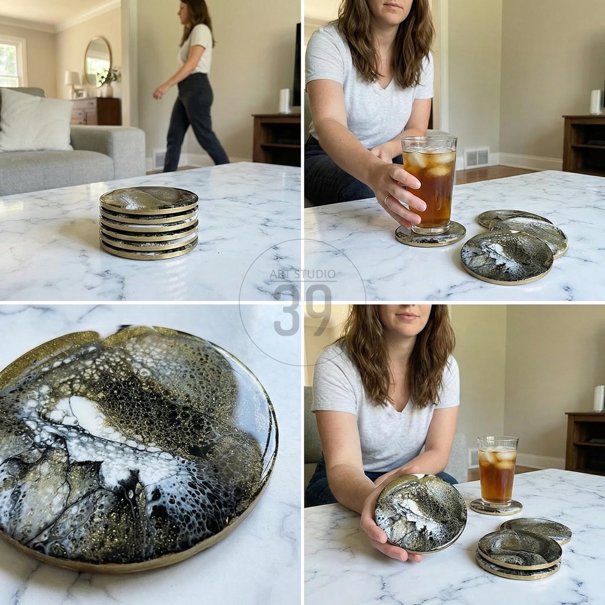 Set of four round coasters with a unique abstract design in black, gold, and white. The coasters have a glossy finish and a wooden edge. The coasters are stacked on a white marble table.